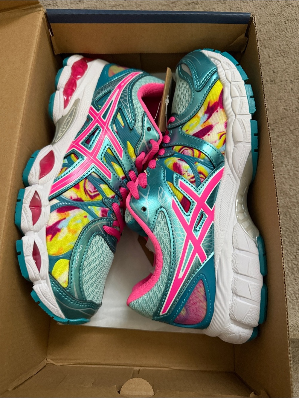 ASICS women’s gel Nimbus 16- size 7 Teal, Pink & Yellow Tie-Dye Running Sneakers